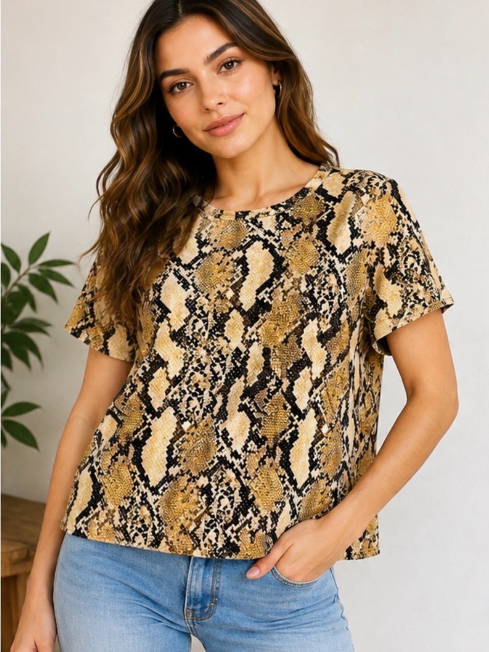 H&M Snake Print Short Sleeve Top Size L Tan Black Animal Print Cotton